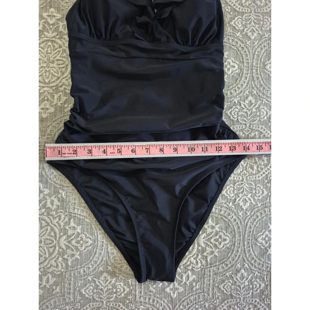 Black Ruffle V-Neck Ruched One Piece Swimsuit Lace Up Back‎ Size Medium